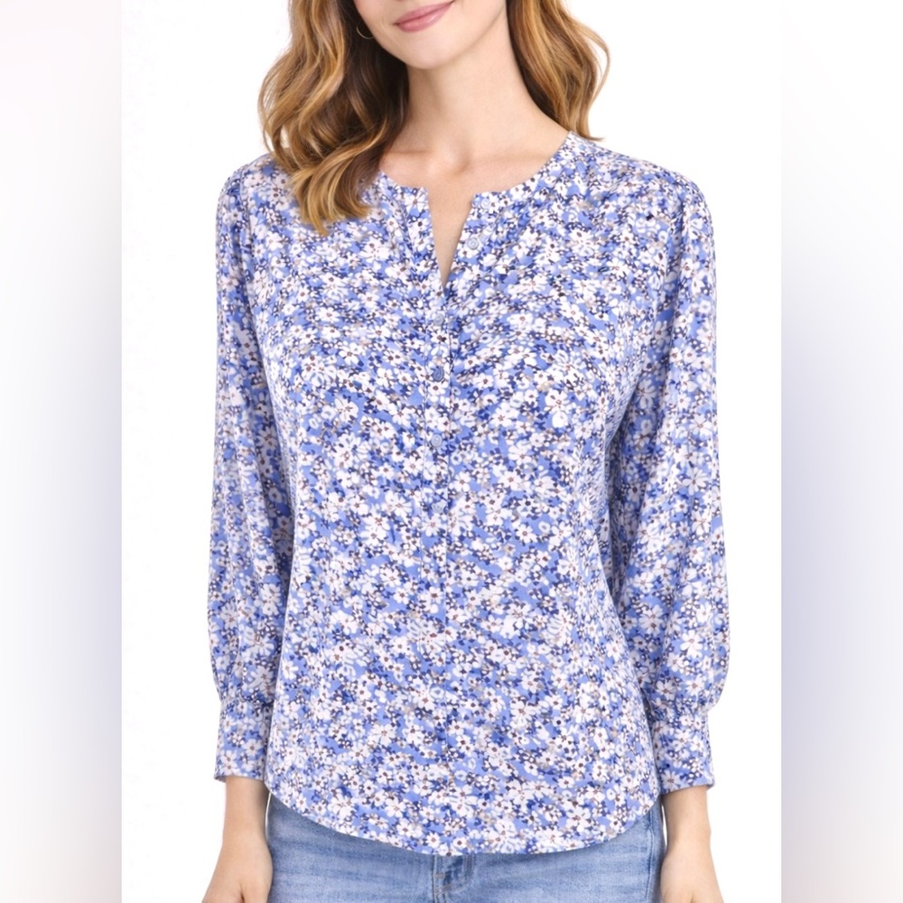 NWT Ann Taylor Blue Floral Long Sleeve Blouse Size L - Picture 2 of 10